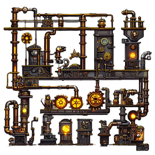 steampunk side-scroller scene featuring straight-edged industrial platforms of brass and iron, glowing gears, pipes, robots, and a wrench-wielding adventurer
