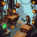 steampunk side-scroller scene featuring straight-edged industrial platforms of brass and iron, glowing gears, pipes, robots, and a wrench-wielding adventurer
