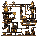 steampunk side-scroller scene featuring straight-edged industrial platforms of brass and iron, glowing gears, pipes, robots, and a wrench-wielding adventurer