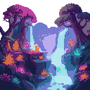 glowing fantasy forest with neon plants, waterfalls of light, and floating rocky platforms 