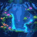 glowing fantasy forest with neon plants, waterfalls of light, and floating rocky platforms,2d platform game