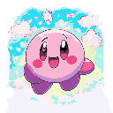 a bright, cheerful portrait of kirby, the round pink hero from dream land, floating joyfully in the sky with puffy white clouds and sparkling stars around him. his rosy cheeks, wide eyes, and adorable smile radiate happiness. the background glows with pas