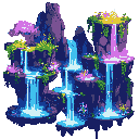 glowing fantasy forest with neon plants, waterfalls of light, and floating rocky platforms,2d platform game