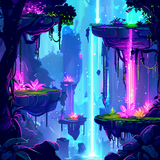 glowing fantasy forest with neon plants, waterfalls of light, and floating rocky platforms,2d platform game