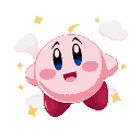 a bright, cheerful portrait of kirby, the round pink hero from dream land, floating joyfully in the sky with puffy white clouds and sparkling stars around him. his rosy cheeks, wide eyes, and adorable smile radiate happiness. the background glows with pas