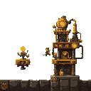 steampunk side-scroller scene featuring straight-edged industrial platforms of brass and iron, glowing gears, pipes, robots, and a wrench-wielding adventurer, designed as a clean, playable game screenshot.