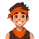 cheerful young man with tan skin, wearing an orange bandana and a dark sleeveless shirt, smiling warmly. he has short brown hair under the bandana and expressive eyes. the background is a dark reddish gradient. the art style is reminiscent of classic 16-b