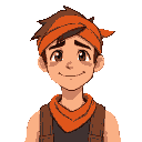 young sad man with tan skin, wearing an orange bandana and a dark sleeveless shirt, smiling warmly. he has short brown hair under the bandana and expressive eyes. the background is a dark reddish gradient. the art style is reminiscent of classic 16-bit rp