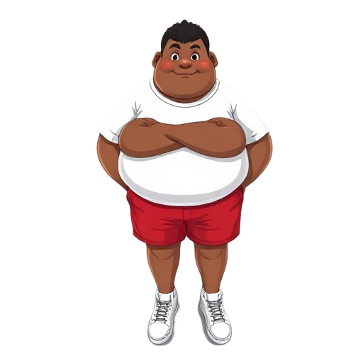 fat, white t shirt, red short, white sneakers, with a mid brown skin