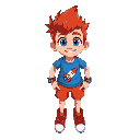 vibrant cartoon character, with spiky red hair, big blue eyes, and fair skin. wears a blue t-shirt with a rocket, orange shorts, red sneakers, and colorful bracelets.