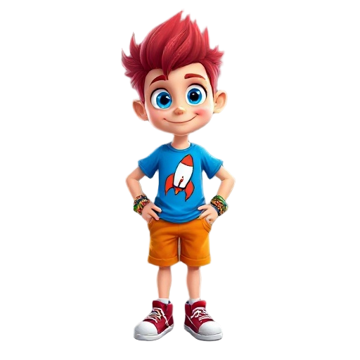 vibrant cartoon character, with spiky red hair, big blue eyes, and fair skin. wears a blue t-shirt with a rocket, orange shorts, red sneakers, and colorful bracelets.