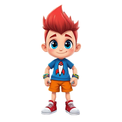 vibrant cartoon character, with spiky red hair, big blue eyes, and fair skin. wears a blue t-shirt with a rocket, orange shorts, red sneakers, and colorful bracelets.