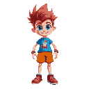 vibrant cartoon character, with spiky red hair, big blue eyes, and fair skin. wears a blue t-shirt with a rocket, orange shorts, red sneakers, and colorful bracelets.