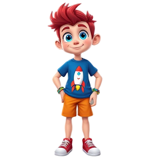 vibrant cartoon character, with spiky red hair, big blue eyes, and fair skin. wears a blue t-shirt with a rocket, orange shorts, red sneakers, and colorful bracelets.