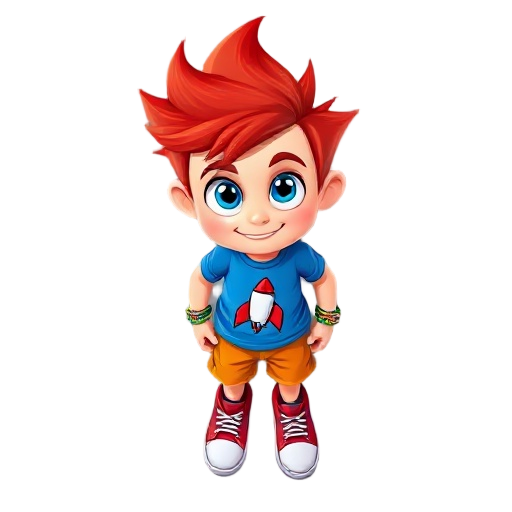vibrant cartoon character, with spiky red hair, big blue eyes, and fair skin. wears a blue t-shirt with a rocket, orange shorts, red sneakers, and colorful bracelets.