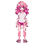 brown eyes, pink medium hair, girl, overworld sprite, white shirt, pink hair, rpg, sandals, blue shorts