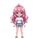 brown eyes, pink medium hair, girl, overworld sprite, white shirt, pink hair, rpg, sandals, blue shorts