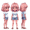brown eyes, pink medium hair, girl, overworld sprite, white shirt, pink hair, rpg, sandals, blue shorts