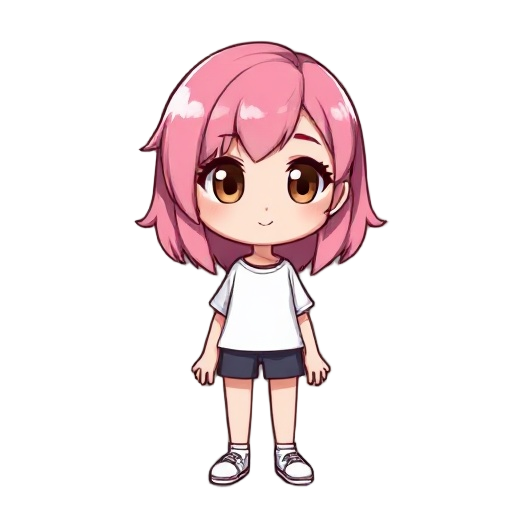 brown eyes, pink medium hair, girl, overworld sprite, white shirt, pink hair