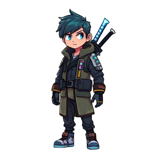pastel-toned cyberpunk elite soldier with short messy hair, glowing eye, tactical coat, and a white-blue energy katana on his back, standing calmly in a dystopian neon-lit world.