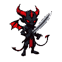 diablo negro con vendas rojas y espada en la mano