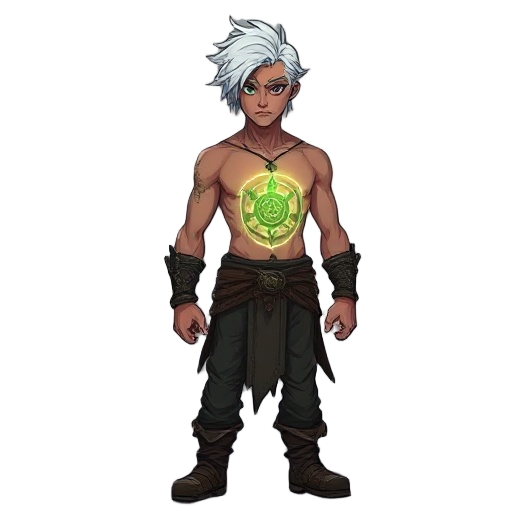create a dark fantasy character named kael. he stands shirtless in a desolate, misty landscape, revealing a glowing, arcane seal etched into his chest. his hair is white and tousled, his left eye green and his right eye black with a crimson iris. he wears