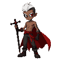 kael, guerrero de fantasía oscura: pecho desnudo con sello rojo brillante, cabello blanco, ojo verde y otro negro con iris rojo. pantalón ajustado, botas blindadas, guanteletes oscuros con runas rojas. sostiene espada negra con símbolos rojos