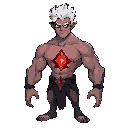 diseña un personaje de fantasía oscura llamado kael. tiene un físico musculoso y definido, con el pecho desnudo mostrando un sello arcano brillante incrustado en el centro, como un cristal rojo que emite energía. su cabello es blanco, puntiagudo y desorde