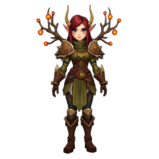 "full-body of a heroic female blood elf, in world of warcraft style, wearing the full 'garb of the autumnal woods' armor set. her outfit features natural wooden textures, glowing orange and red magical runes, and shoulder armor shaped like enchanted branc