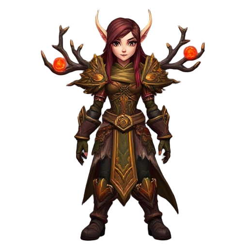 "full-body 3d render of a heroic female blood elf, in world of warcraft style, wearing the full 'garb of the autumnal woods' armor set. her outfit features natural wooden textures, glowing orange and red magical runes, and shoulder armor shaped like encha