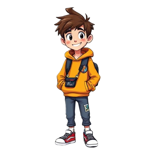 male kid, 10–12, messy hair, bright hoodie, sneakers, token pouch, mischievous grin. arcade patches on backpack, ticket stubs in pocket.