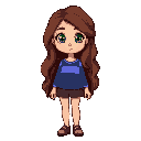 sprite of a girl with chestnut brown wavy hair reaching mid-back, green eyes, caucasian skin with average build, and a slightly longer nose. wearing a blue and purple horizontal stripe