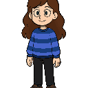 full body girl with chestnut brown wavy hair reaching mid-back, green eyes, average build. wearing a blue and purple horizontal striped pullover sweater, straight black jean and grey trekking shoes