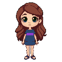sprite of a girl with chestnut brown wavy hair reaching mid-back, green eyes, caucasian skin with average build, and a slightly longer nose. wearing a blue and purple horizontal stripe