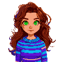 girl with chestnut brown wavy hair reaching mid-back, green eyes, caucasian skin with average build, and a slightly longer nose. wearing a blue and purple horizontal striped pullover sweater, straight