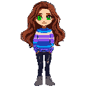 full body girl with chestnut brown wavy hair reaching mid-back, green eyes, average build. wearing a blue and purple horizontal striped pullover sweater, straight black jean and grey trekking shoes