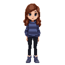 full body girl with chestnut brown wavy hair reaching mid-back, green eyes, average build. wearing a blue and purple horizontal striped pullover sweater, straight black jean and grey trekking shoes