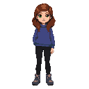 sprite of a girl with chestnut brown wavy hair reaching mid-back, green eyes, caucasian skin. wearing a blue and purple horizontal stripe sweater, black jeans and grey trekking shoes