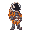 wearing a bright orange and white space suit with gray gloves and boots. the helmet has a dark visor with a white outline, evoking a retro sci-fi video game look on a.