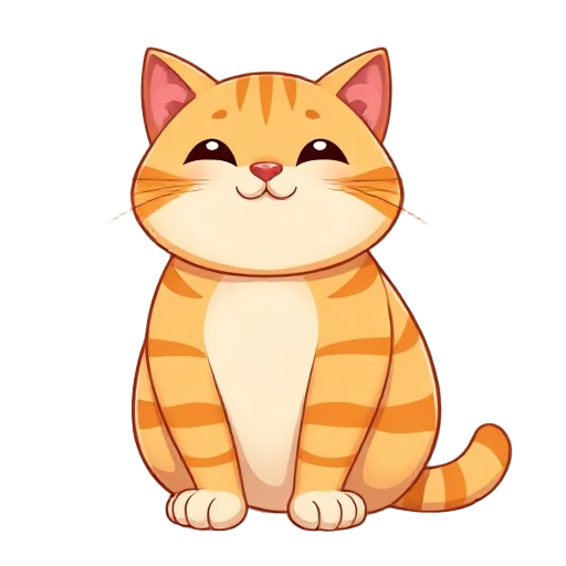 a cute 2d digital illustration of a round, chubby orange tabby cat with light brown stripes, sitting upright and facing forward. happy action
