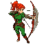archer in green clothes, red hair, red leggings, wooden bow, shooting forward, woman character with a pony tail
