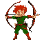 archer in green clothes, red hair, red leggings, wooden bow, shooting forward