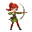 archer in green clothes, red hair, red leggings, wooden bow, shooting forward, woman character with a pony tail