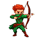 archer in green clothes, red hair, red leggings, wooden bow, shooting forward