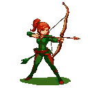 archer in green clothes, red hair, red leggings, wooden bow, shooting forward, woman character with a pony tail