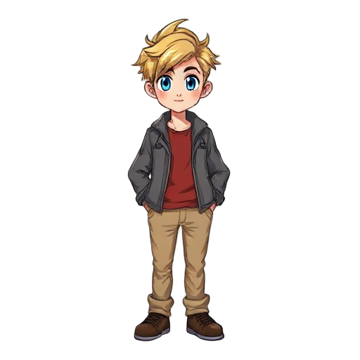 young man with tousled blonde hair, blue eyes, red shirt, gray jacket, beige pants, brown shoes, standing in neutral pose, 16-bit retro rpg style