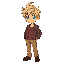 young man with tousled blonde hair, blue eyes, red shirt, gray jacket, beige pants, brown shoes, standing in neutral pose, 16-bit retro rpg style