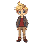 young man with tousled blonde hair, blue eyes, red shirt, gray jacket, beige pants, brown shoes, standing in neutral pose, 16-bit retro rpg style