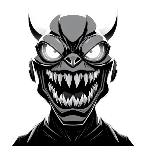 the monster hologram face image with big teeths, only black and white color, hight quality, cyberpunk