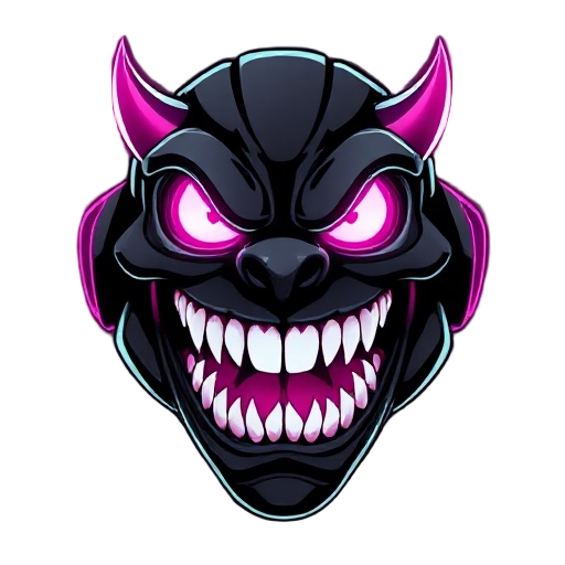 the monster hologram face image with big teeths, black color, hight quality, cyberpunk, pink